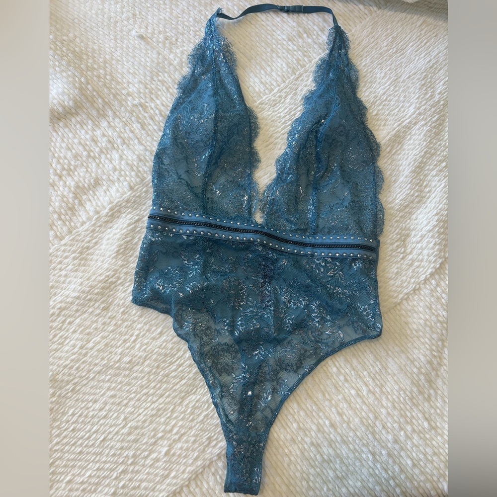 Victoria's Secret Deep V Plunge Bodysuit Blue Sheer Lace